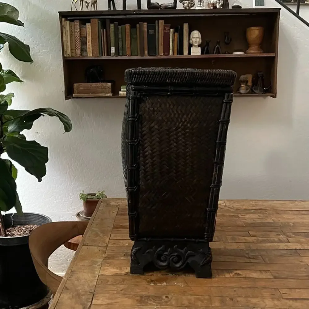 Vintage Chinese Footed Woven Rattan Storage Basket with Lid